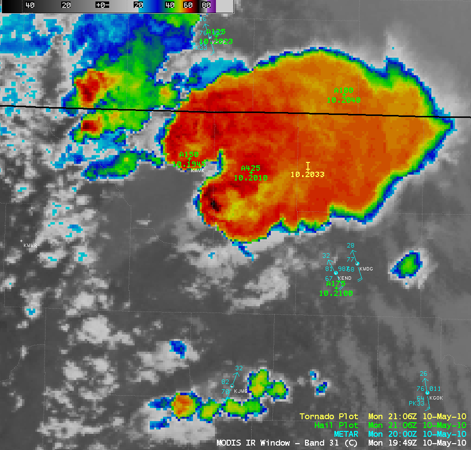 MODIS 11.0 Âµm IR image + SPC storm reports