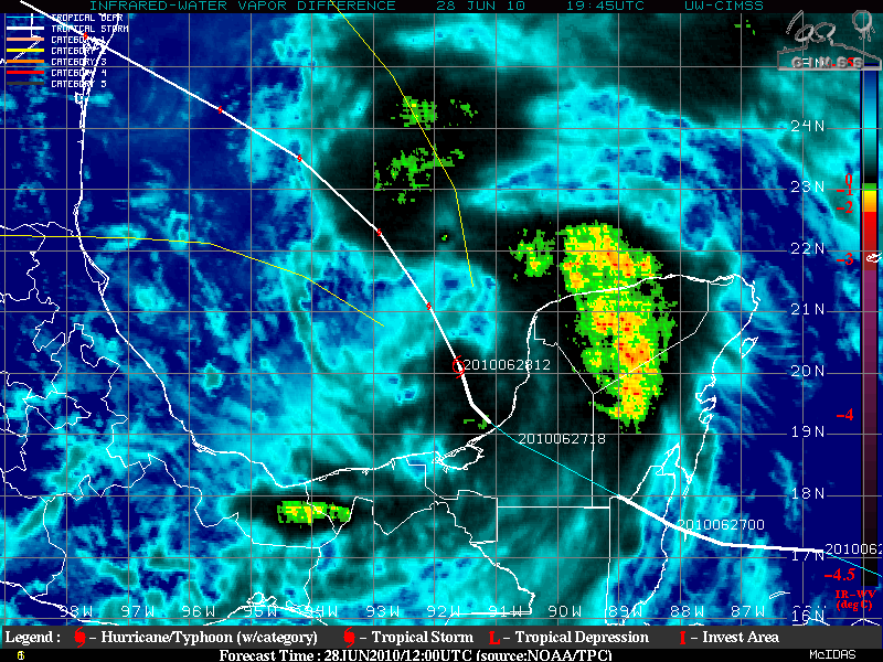 GOES-13 Overshooting Top (IR / Water vapor difference) product