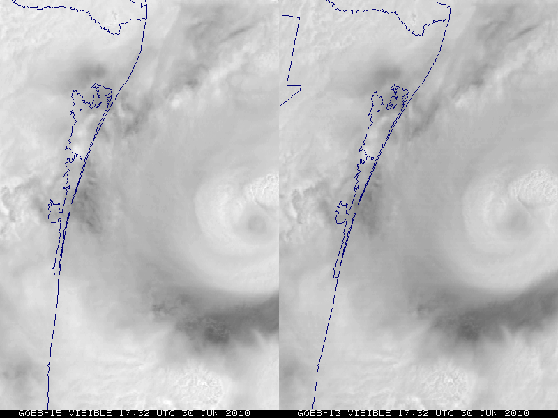 GOES-15 and GOES-13 0.63 Âµm visible channel images