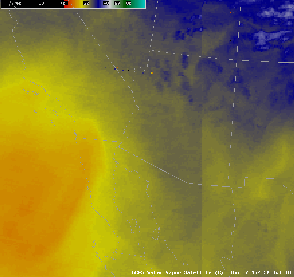 GOES-11 6.7 Âµm + GOES-13 6.5 Âµm water vapor composite (with and without map overlay)