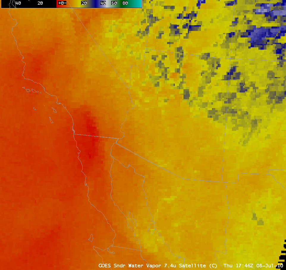 GOES-11 sounder 7.4 Âµm water vapor image (with and without map overlay)