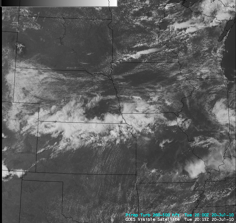 GOES-13 0.63 Âµm visible channel images + Pilot reports of turbulence
