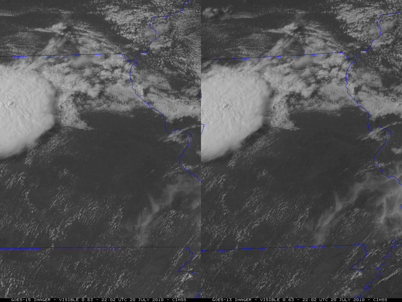 GOES-15 (left) and GOES-13 (right) visible channel images (with aircraft position times)