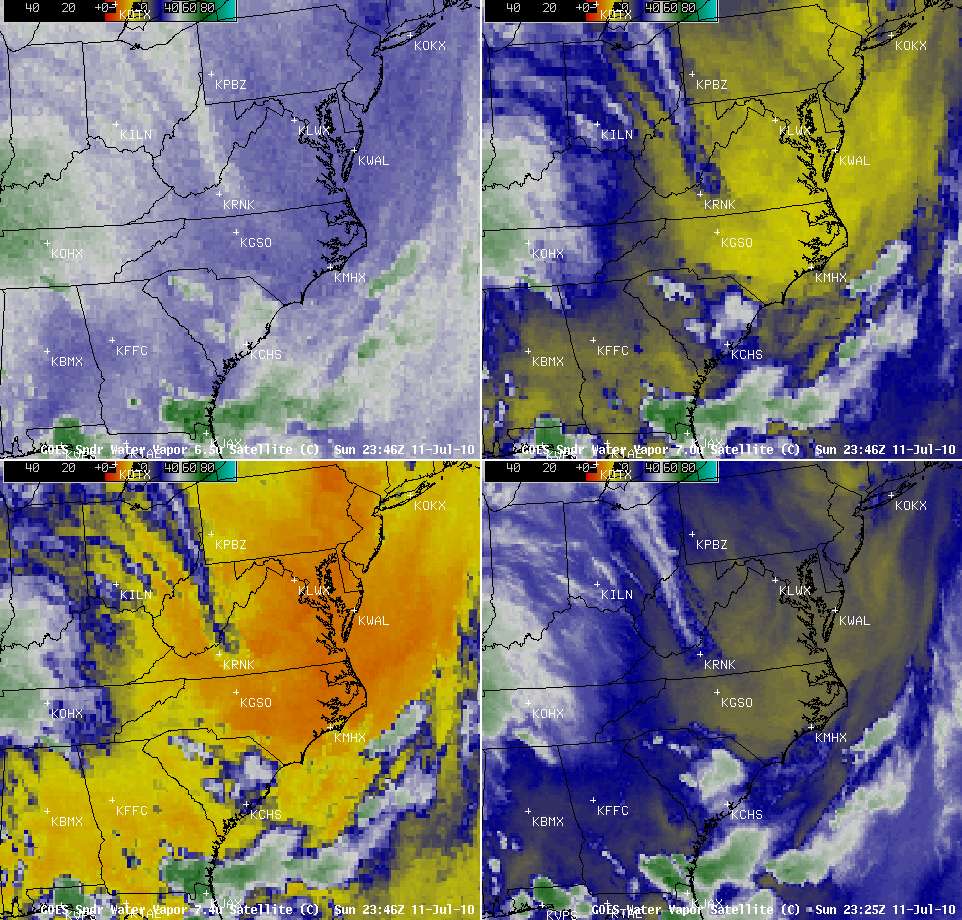GOES-13 Sounder and Imager water vapor channels (00 UTC, 12 July)
