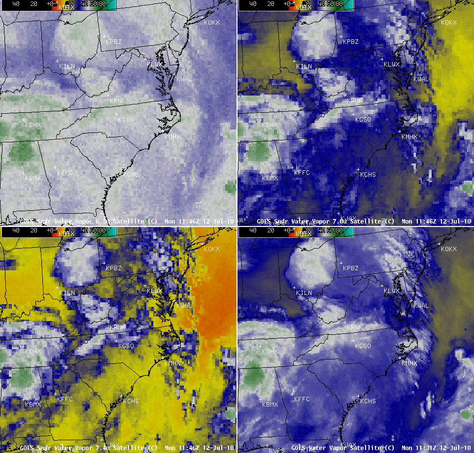 GOES-13 Sounder and Imager water vapor channels (12 UTC, 12 July)
