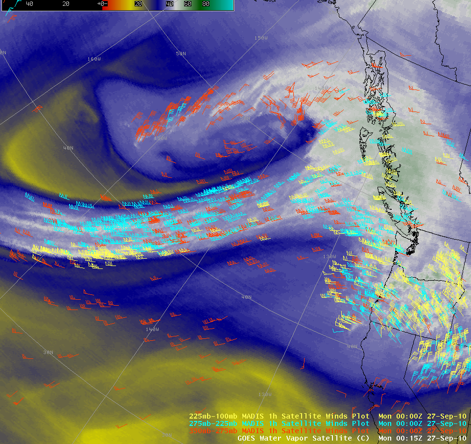 GOES-11 water vapor image + comparison of model maximum wind speeds