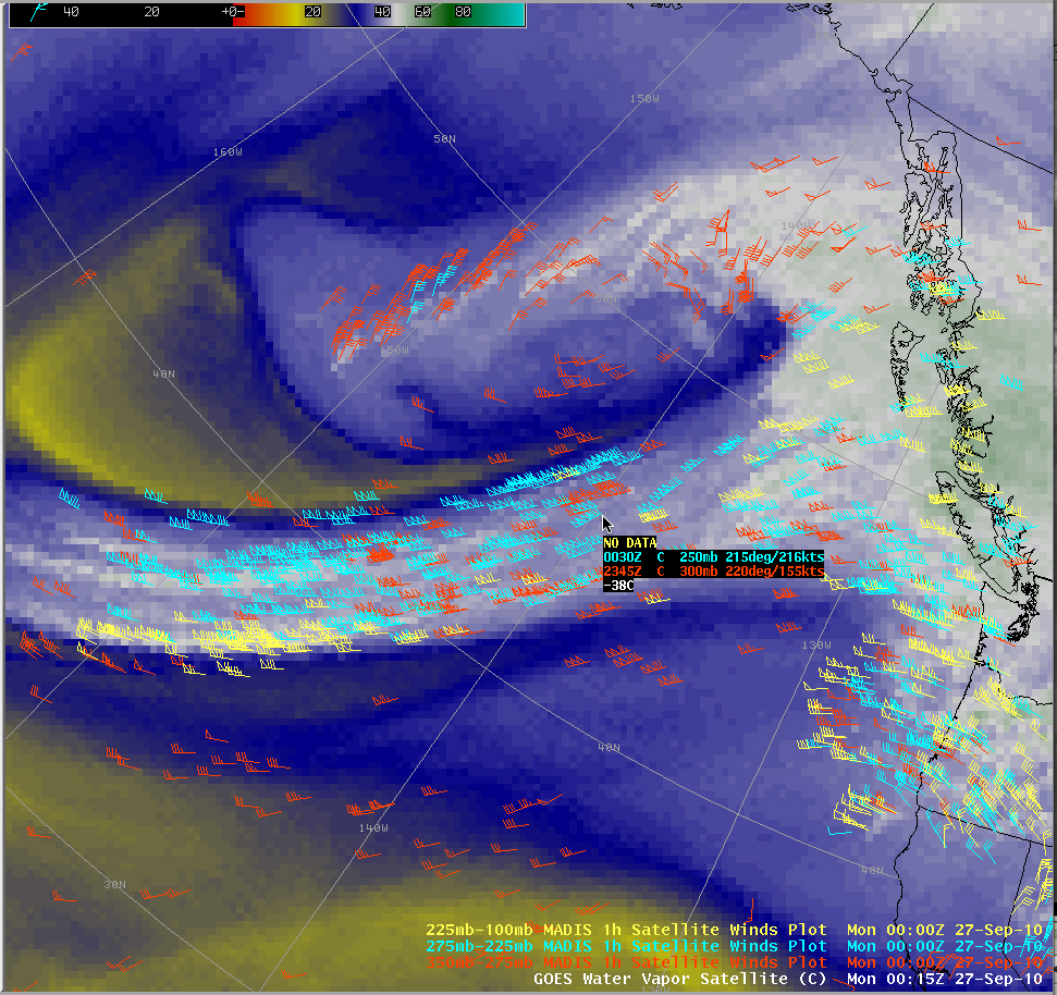 GOES-11 6.5 Âµm water vapor image + MADIS 1-hour atmospheric motion vectors