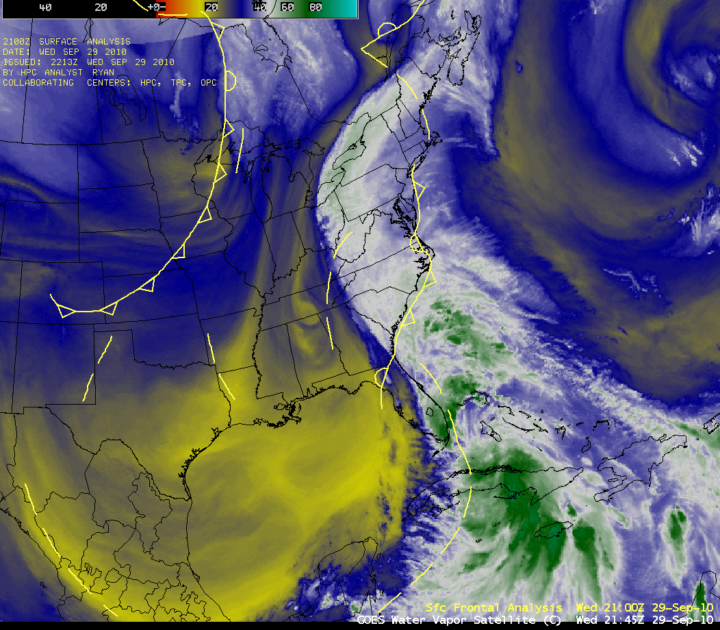 GOES-13 6.5 Âµm water vapor images + surface frontal analyses