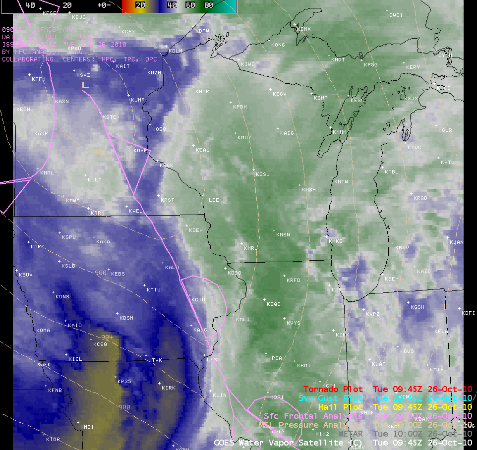 GOES-13 6.5 Âµm water vapor imagery + surface analyses + storm reports