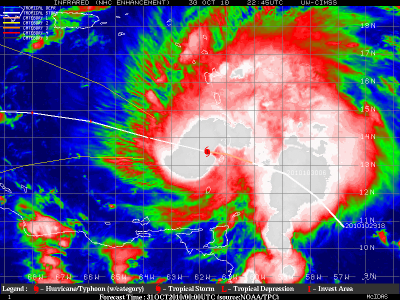 Hurricane Tomas GOES-13 10.7 Âµm IR + SSMI/S 85 GHz microwave images