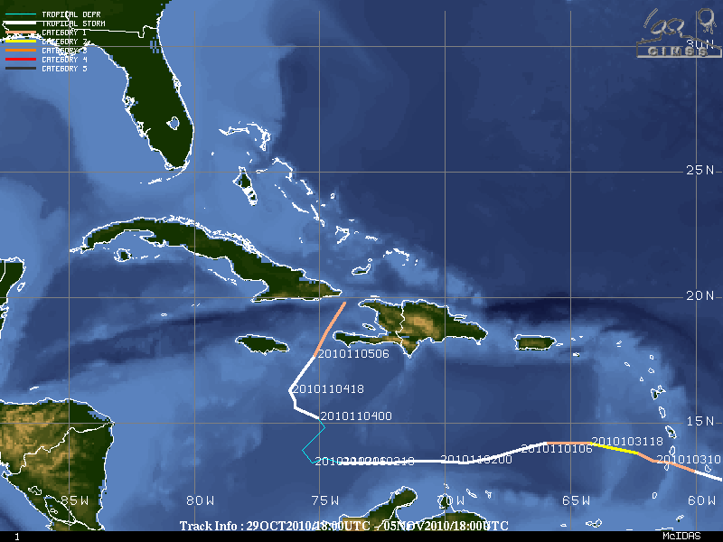 Storm track of Tomas (during the period 29 September - 05 November 2010)