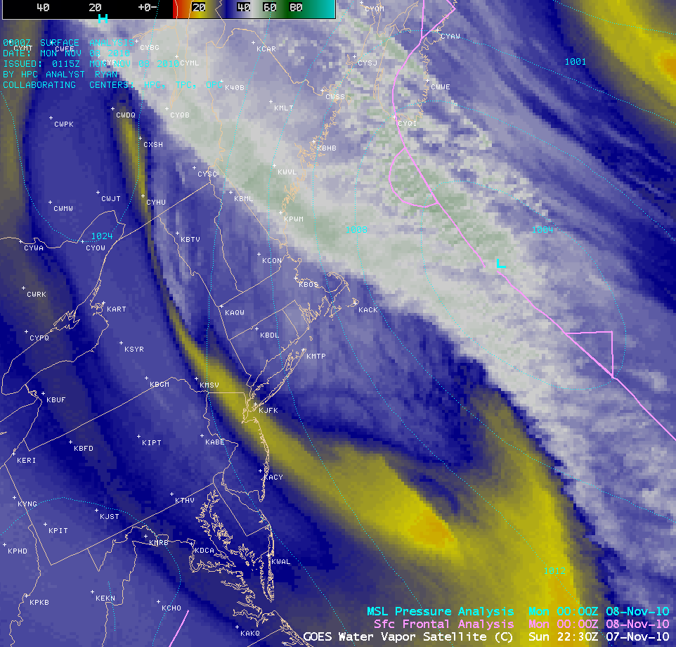 GOES-13 6.5 Âµm water vapor images + surface frontal and pressure analyses
