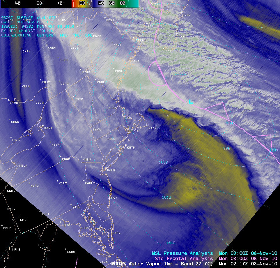 MODIS 6.7 Âµm water vapor images + surface frontal and pressure analyses