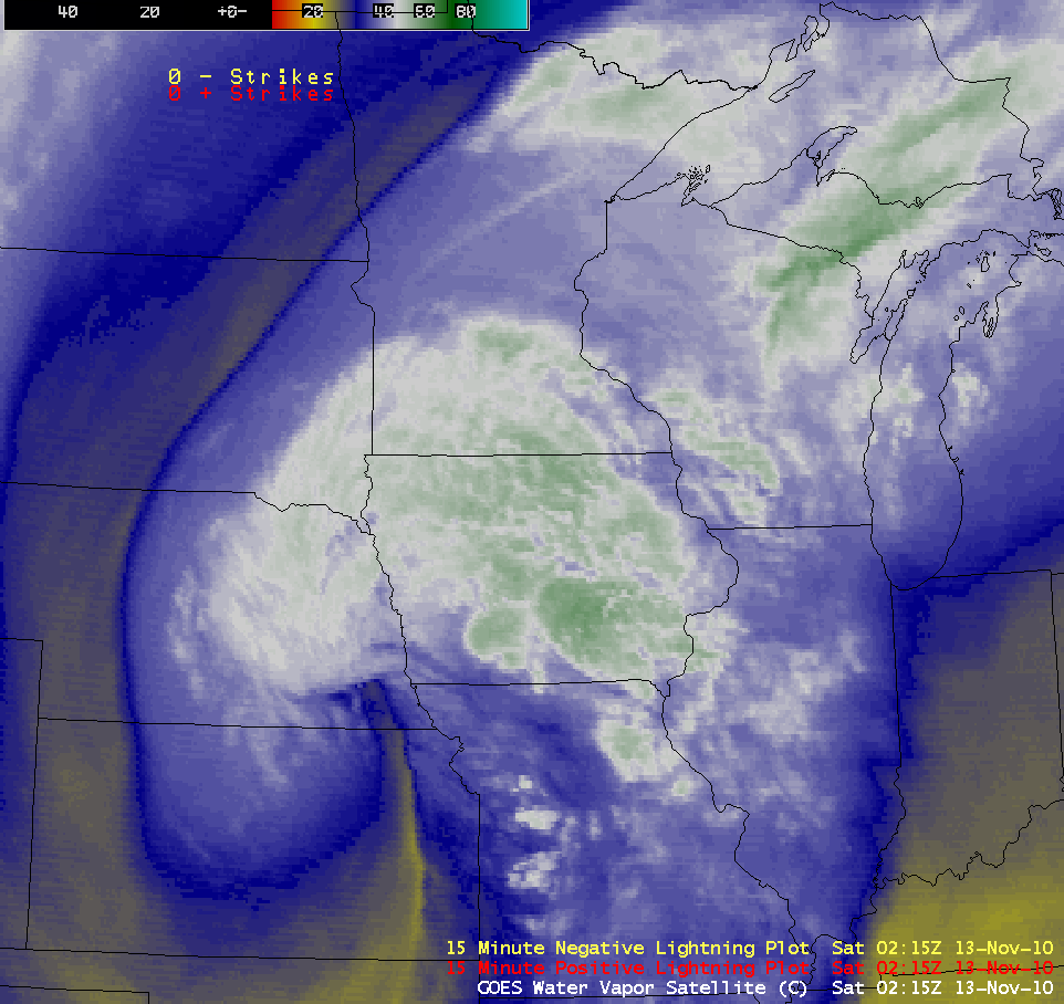 GOES-13 6.5 Âµm "water vapor channel" images + cloud-to-ground lightning strikes