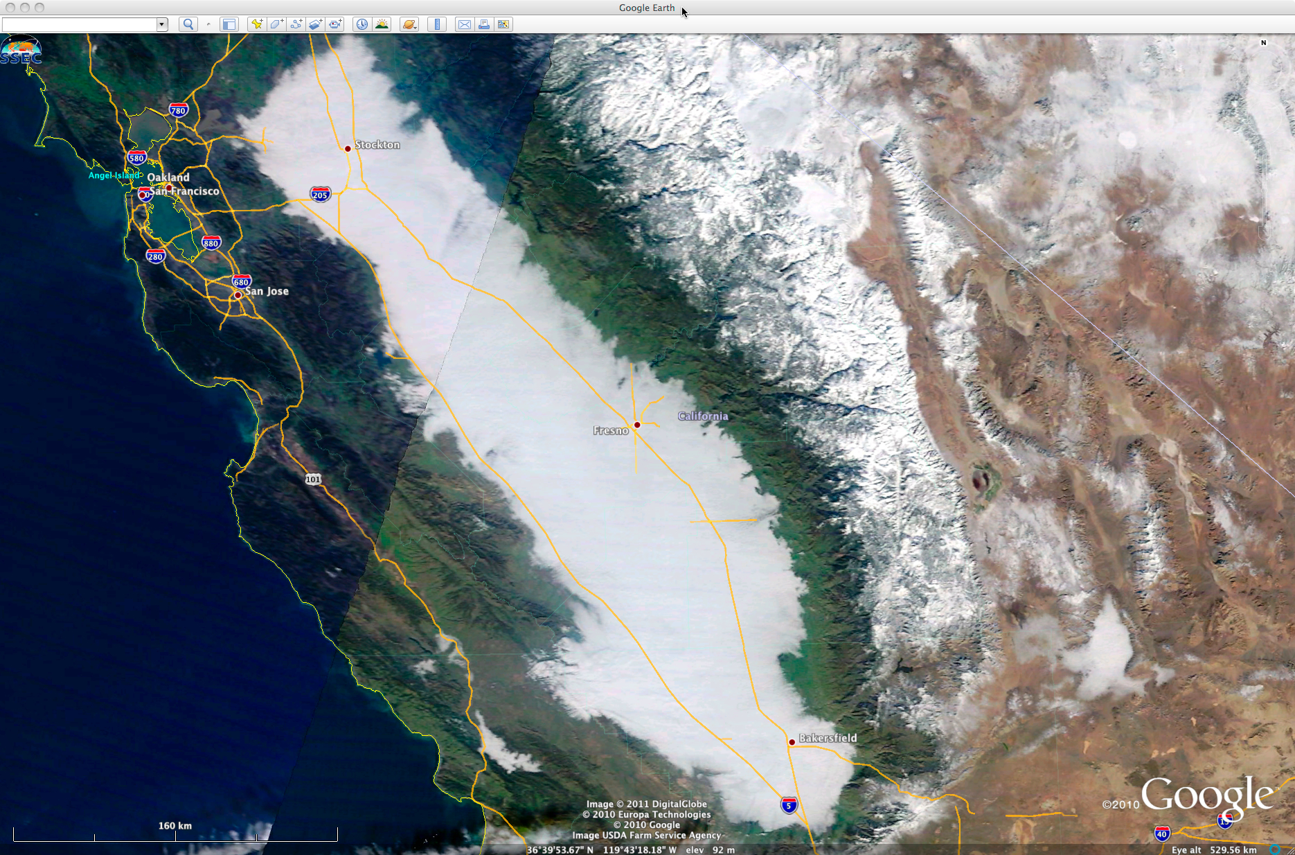 MODIS true color Red/Green/Blue (RGB) image (viewed using Google Earth)
