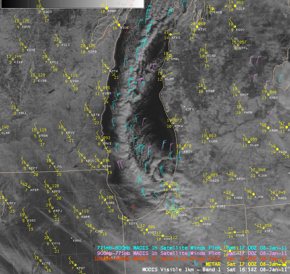 MODIS 0.65 Âµm visible images + MADIS 1-hour satellite winds