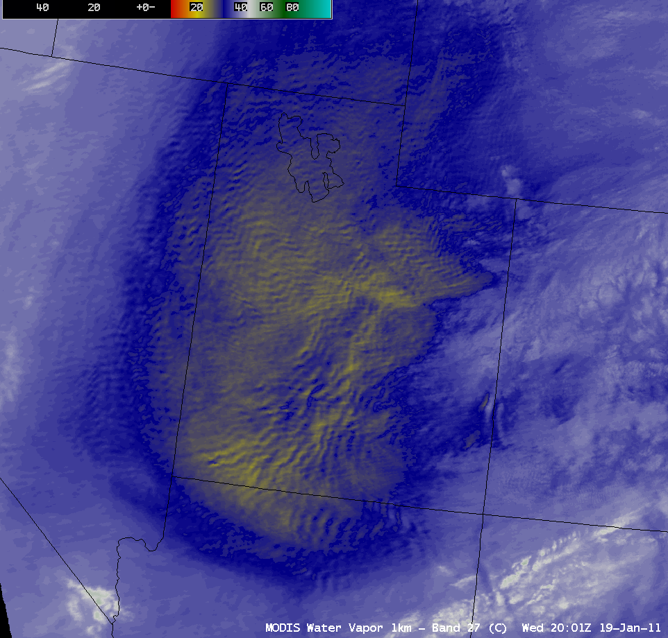 GOES-13 6.5 Âµm water vapor image + MODIS 6.7 Âµm water vapor image