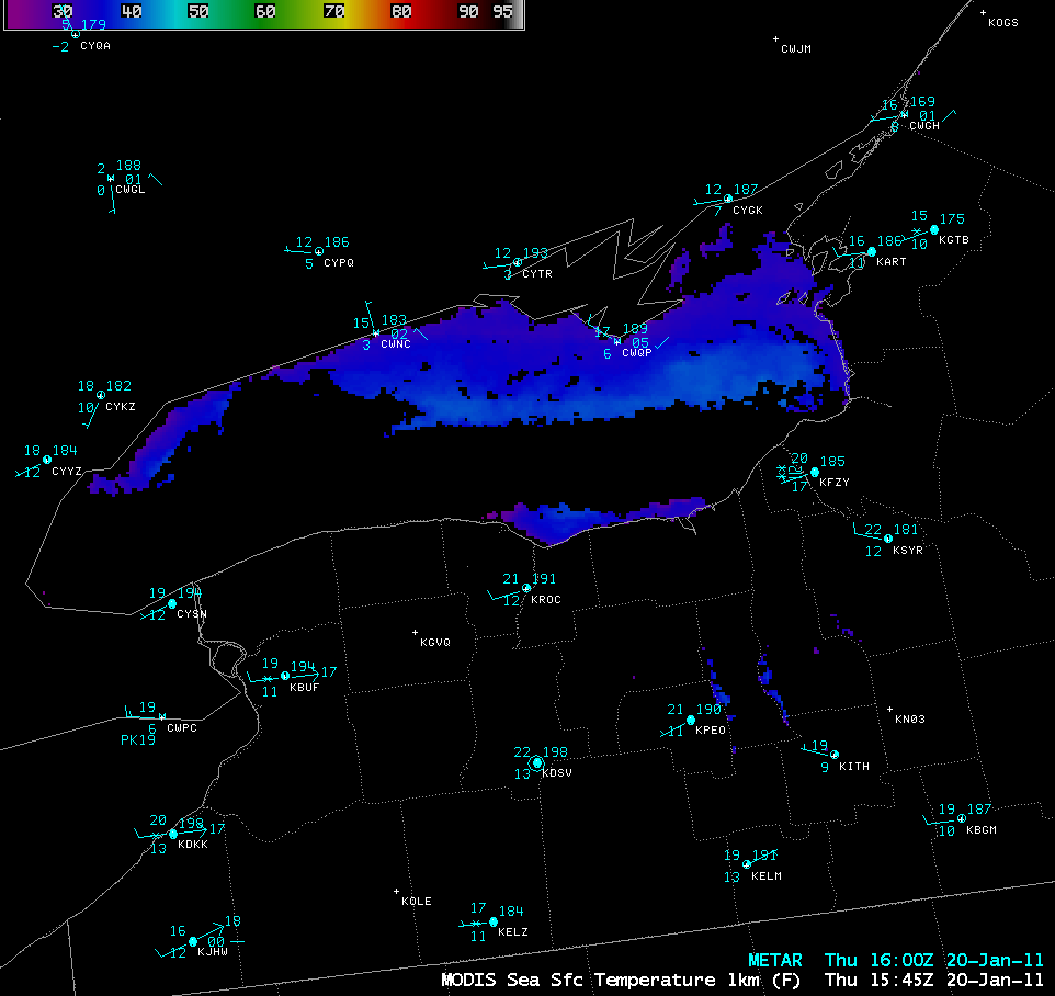 MODIS 0.65 Âµm visible channel image + MODIS Sea Surface Temperature product