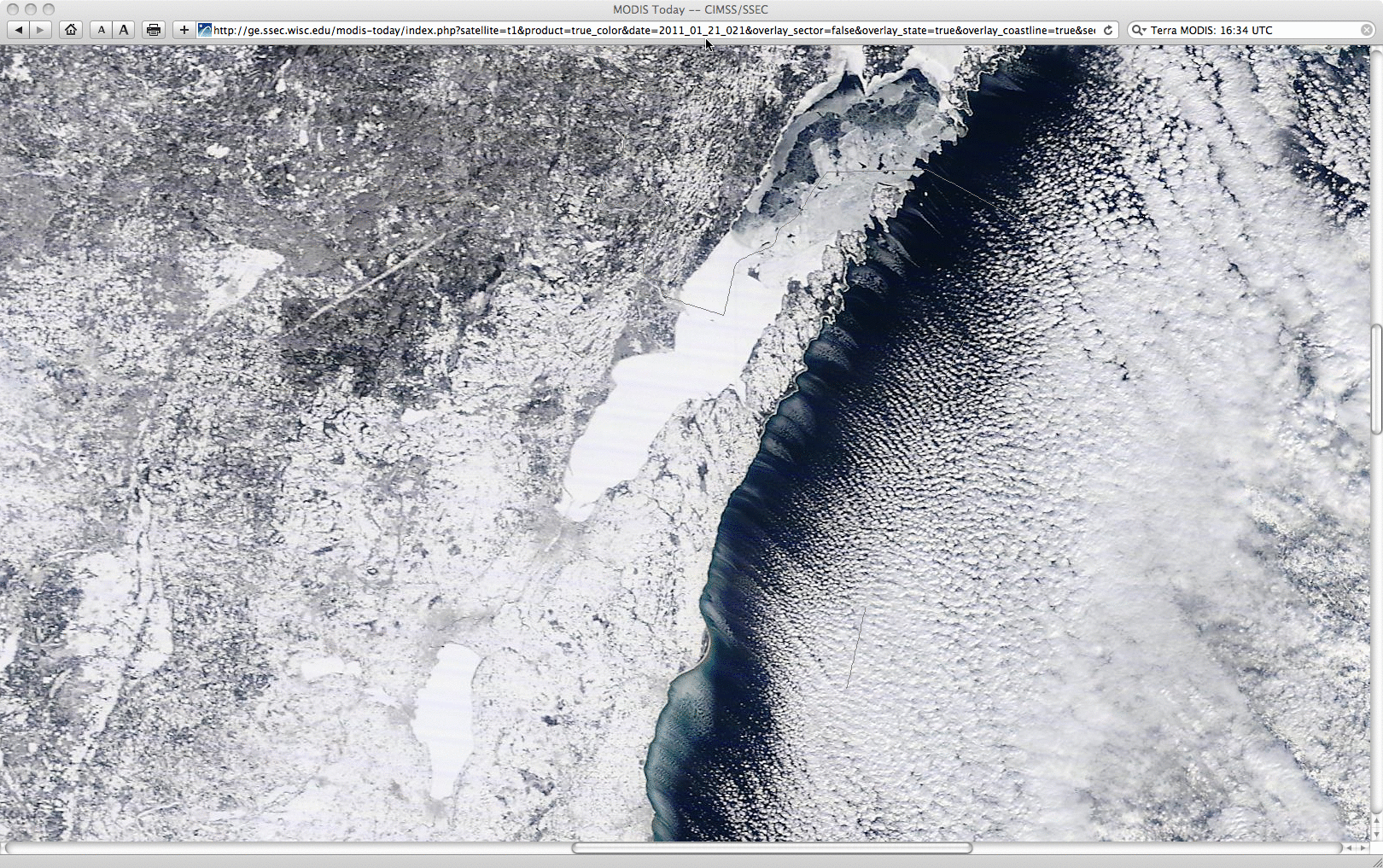 MODIS true color and false color Red/Green/Blue (RGB) images (Green Bay WI region)
