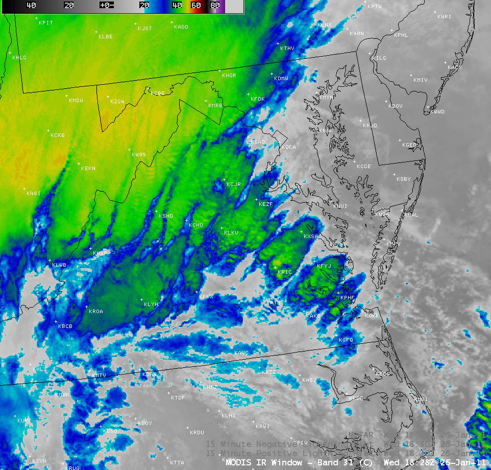 MODIS 11.0 Âµm IR image + lightning strikes + METAR surface reports