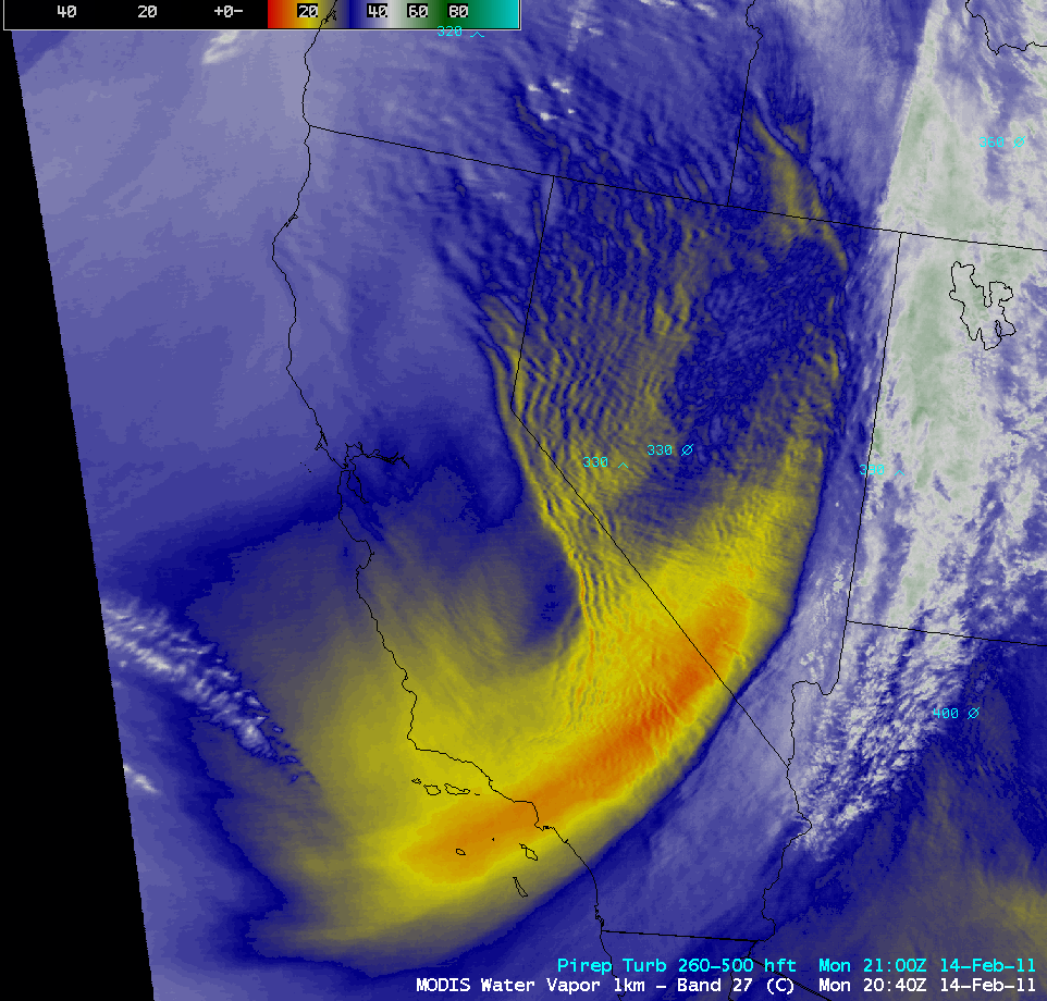 GOES water vapor image + MODIS water vapor image (with pilot reports of turbulence)