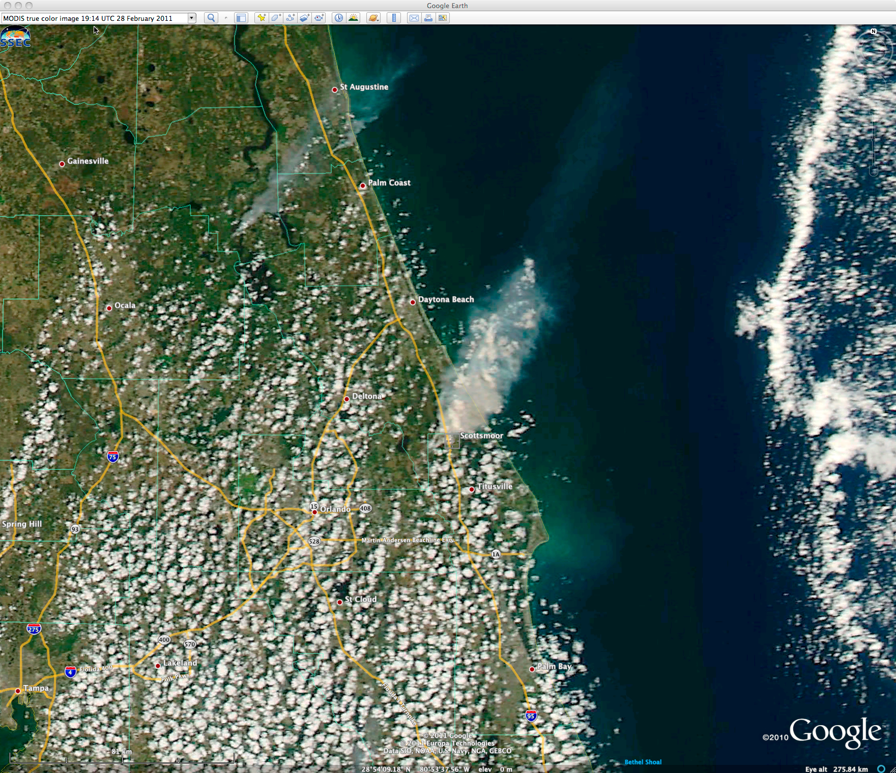 MODIS true color Red/Green/Blue (RGB) image (viewed using Google Earth)