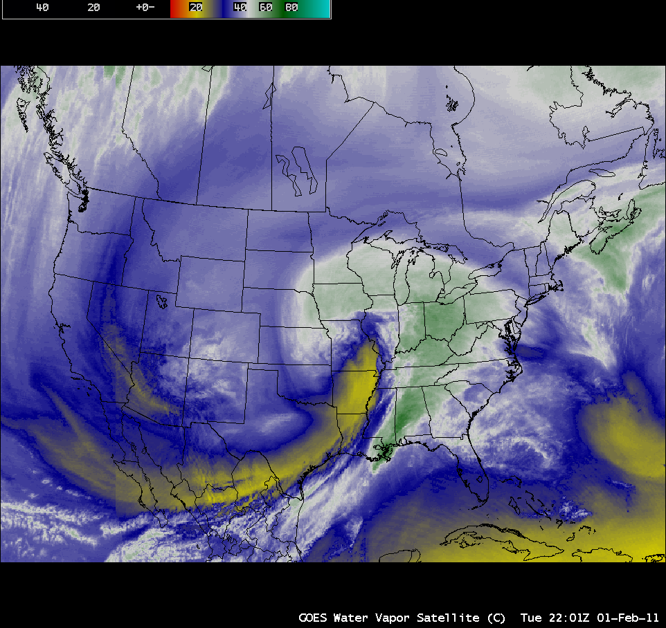 GOES-13 6.5 Âµm water vapor imagery (click on image to play animation)