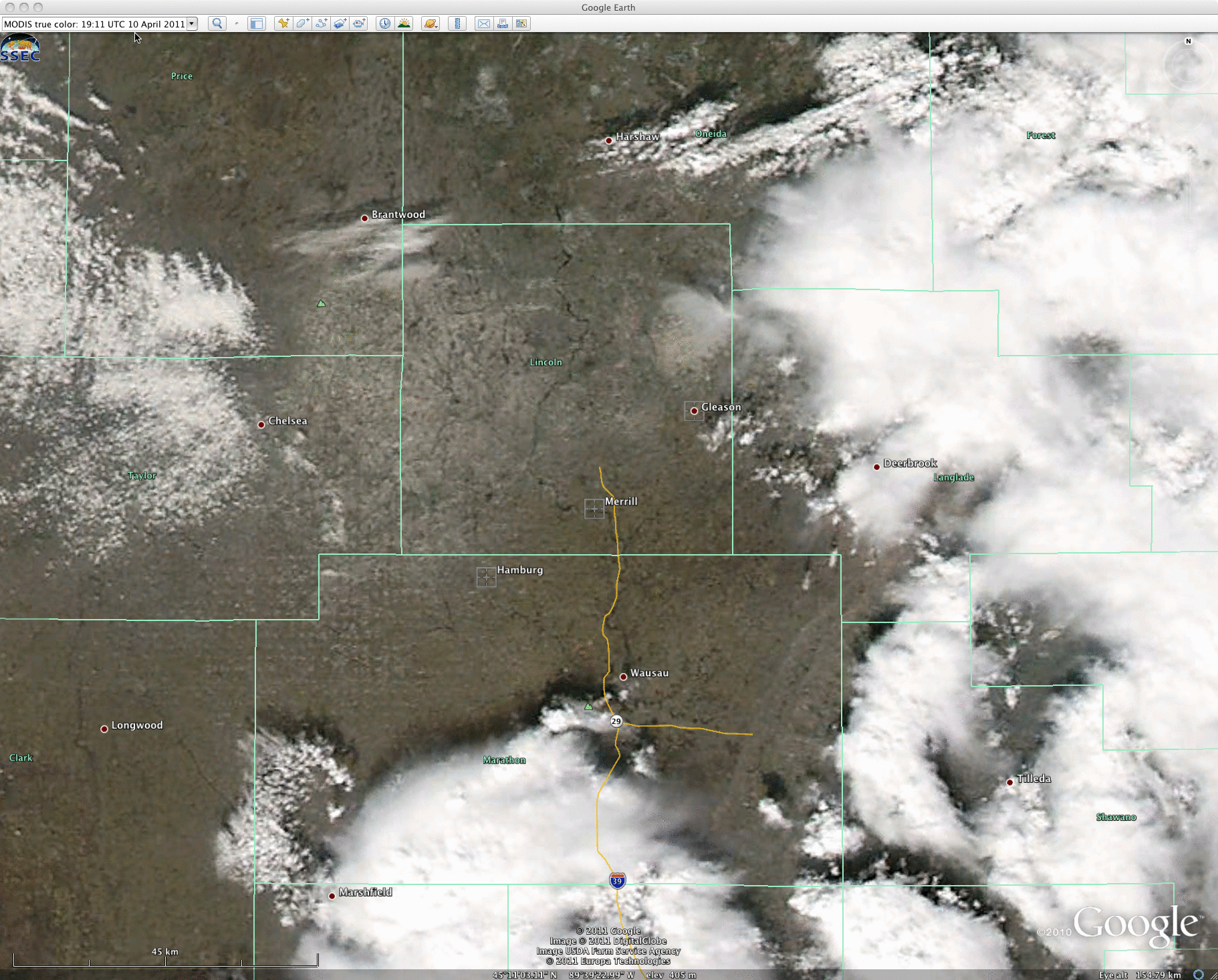 MODIS true color images on 10 April and 12 April (displayed using Google Earth)