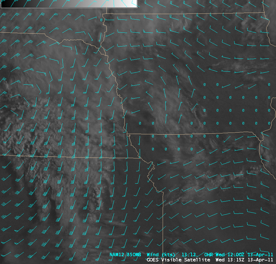 GOES-13 visible images + NAM12 850 mb winds