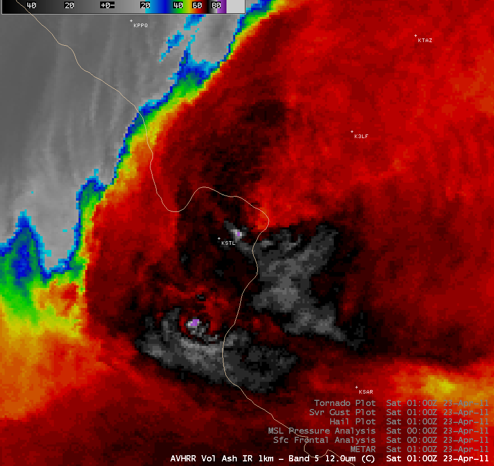 POES AVHRR 12.0 Âµm IR image + severe weather reports