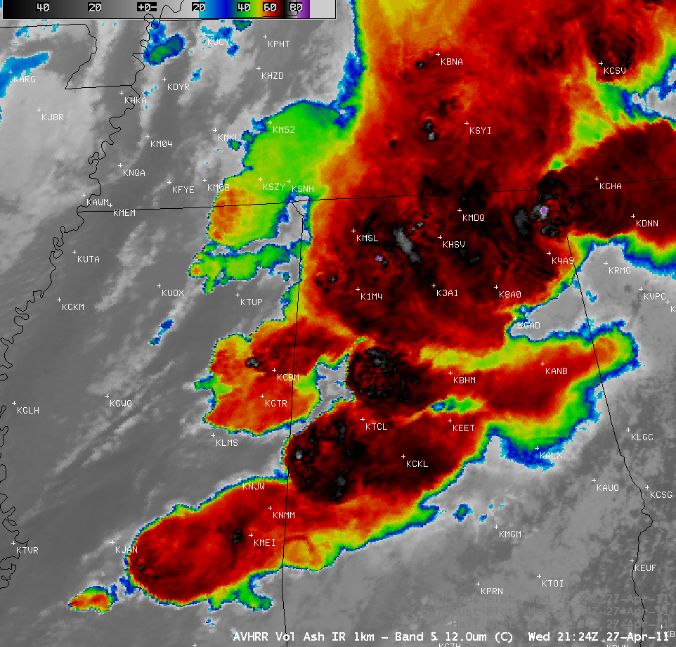 POES AVHRR 12.0 Âµm IR image + SPC storm reports