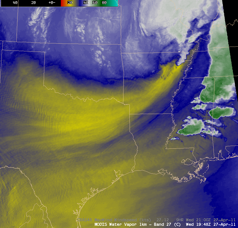 MODIS 6.7 Âµm water vapor channel image + CRAS model 500 MB wind speeds
