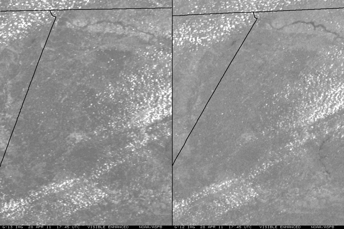 GOES-13 0.63 Âµm visible image (left) + GOES-12 0.65 Âµm visible image (right)