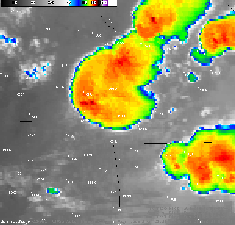 GOES-13 IR image + Thermal Couplet product + SPC storm reports