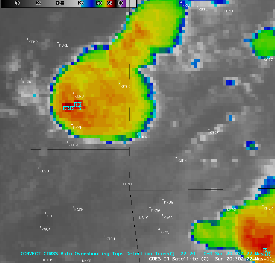 GOES-13 10.7 µm IR images + CIMSS Automated Overshooting Top Detection product