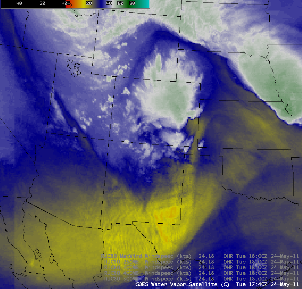 GOES-13 and MODIS water vapor images + RUC model wind speeds at 500 hPa, 400 hPa, 300 hPa, 250 hPa, and MaxWind levels