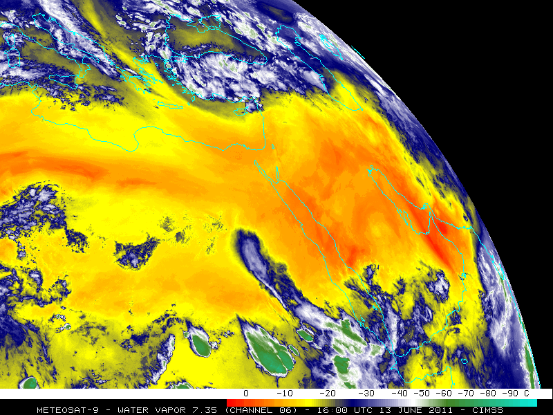 Meteosat-9 7.35 Âµm water vapor channel images (click image to play animation)