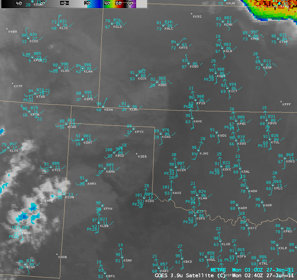 GOES-13 3.9 Âµm shortwave IR images + METAR surface reports (click image to play animation)