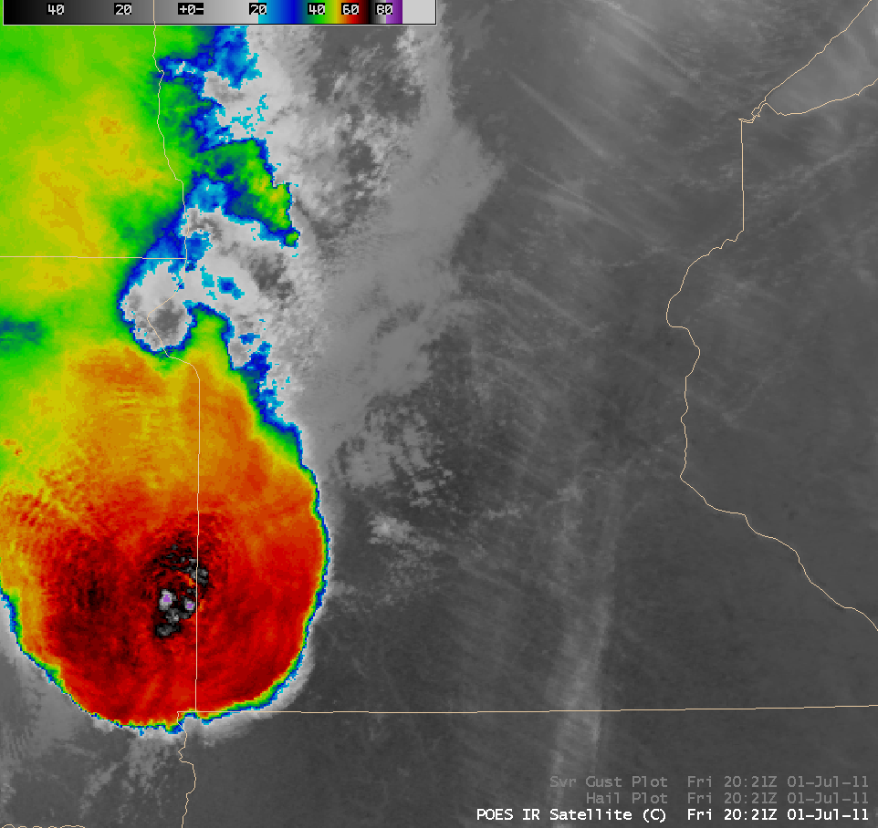 POES AVHRR 10.8 Âµm IR image + resulting hail and damaging winds reports