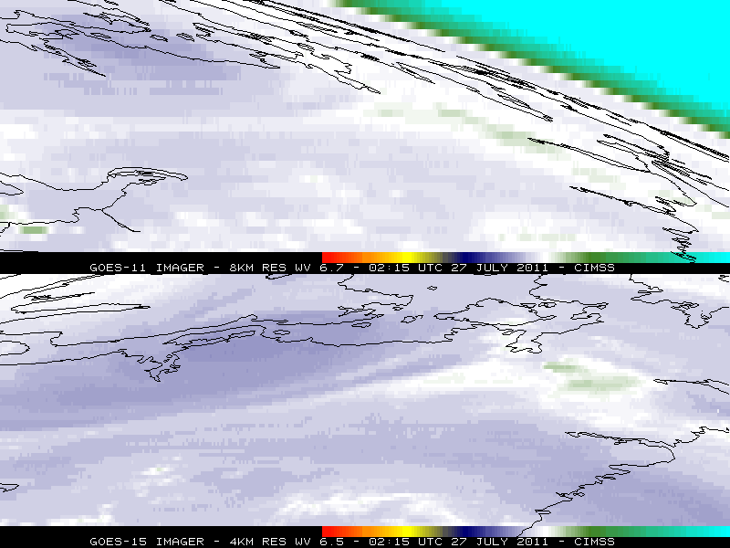 GOES-11 6.7 Âµm (top panels) and GOES-15 6.5 Âµm water vapor channel images (bottom panels)