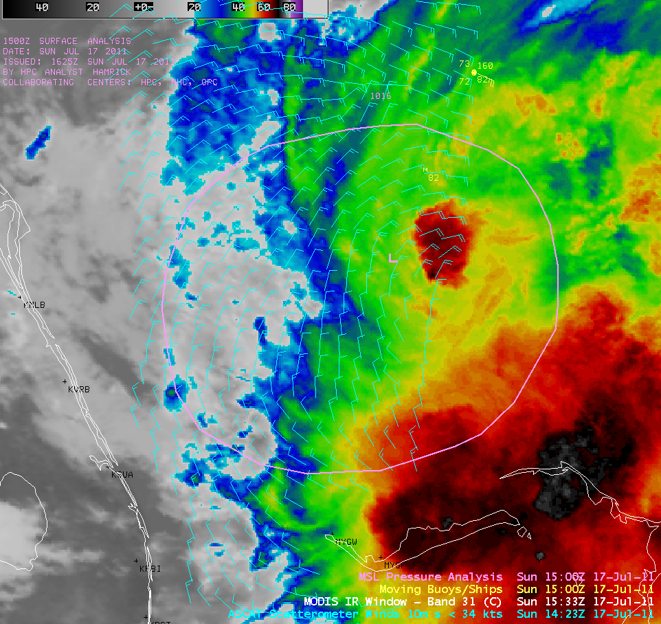 MODIS 11.0 Âµm IR image + ASCAT surface scatterometer winds