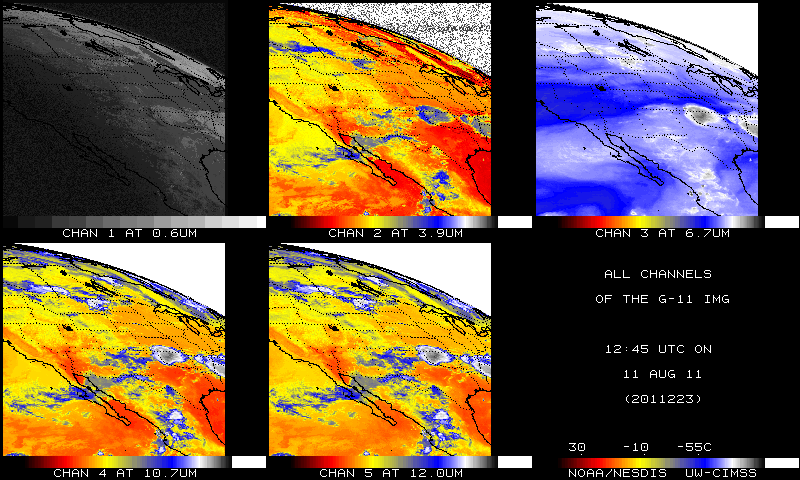 GOES-11 imager channel data at 12:45 UTC on 11 August 2011