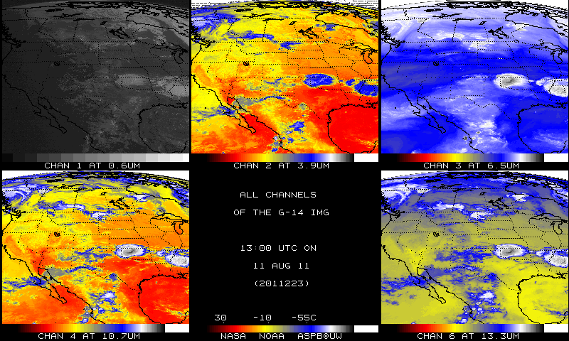 GOES-14 imager channel data at 13:00 UTC on 11 August 2011