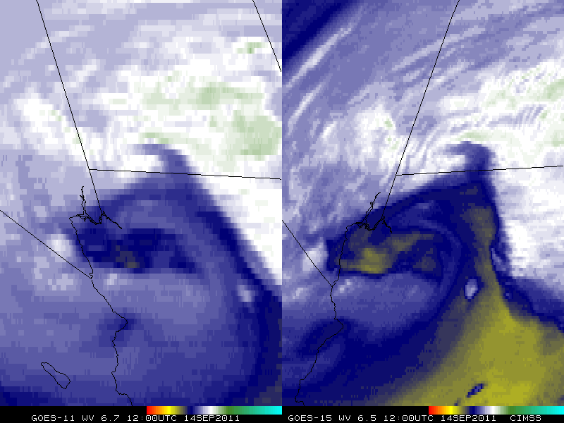 GOES-11 6.7 Âµm (left) and GOES-15 6.5 Âµm (right) water vapor channel images (click image to play animation)