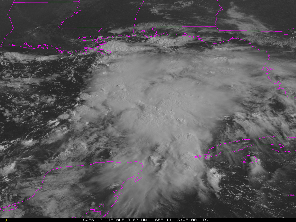 GOES-13 Visible (0.63 Âµm) image and auto-detected Overshooting Tops (click image to toggle)