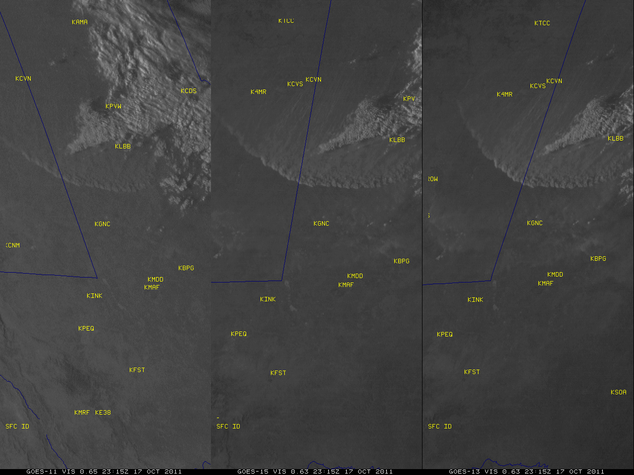 GOES-11, GOES-15, and GOES-13 visible channel images (click image to play animation)