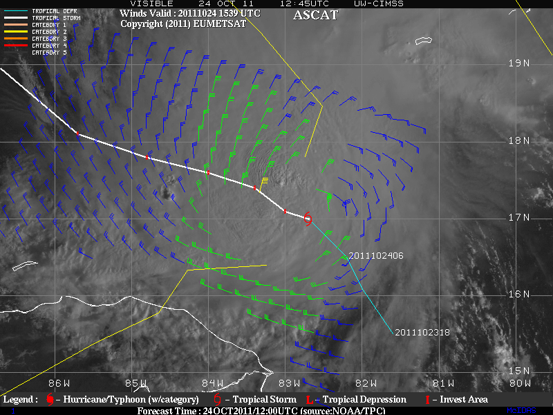 GOES-13 0.63 Âµm visible channel images + ASCAT scatterometer surface winds