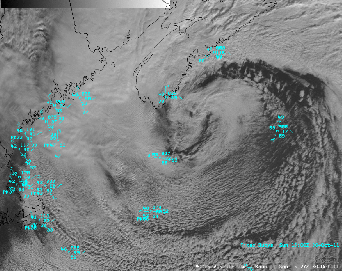 MODIS 0.65 Âµm visible channel image + buoy reports + ASCAT surface winds