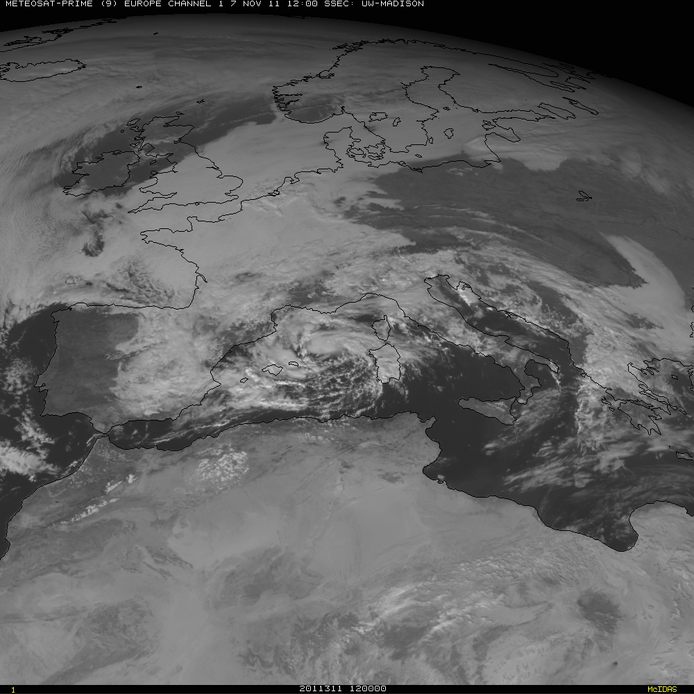 EUMETSAT Meteosat-9 0.64 Âµm visble channel images at 12:00 UTC on 07 and 08 November