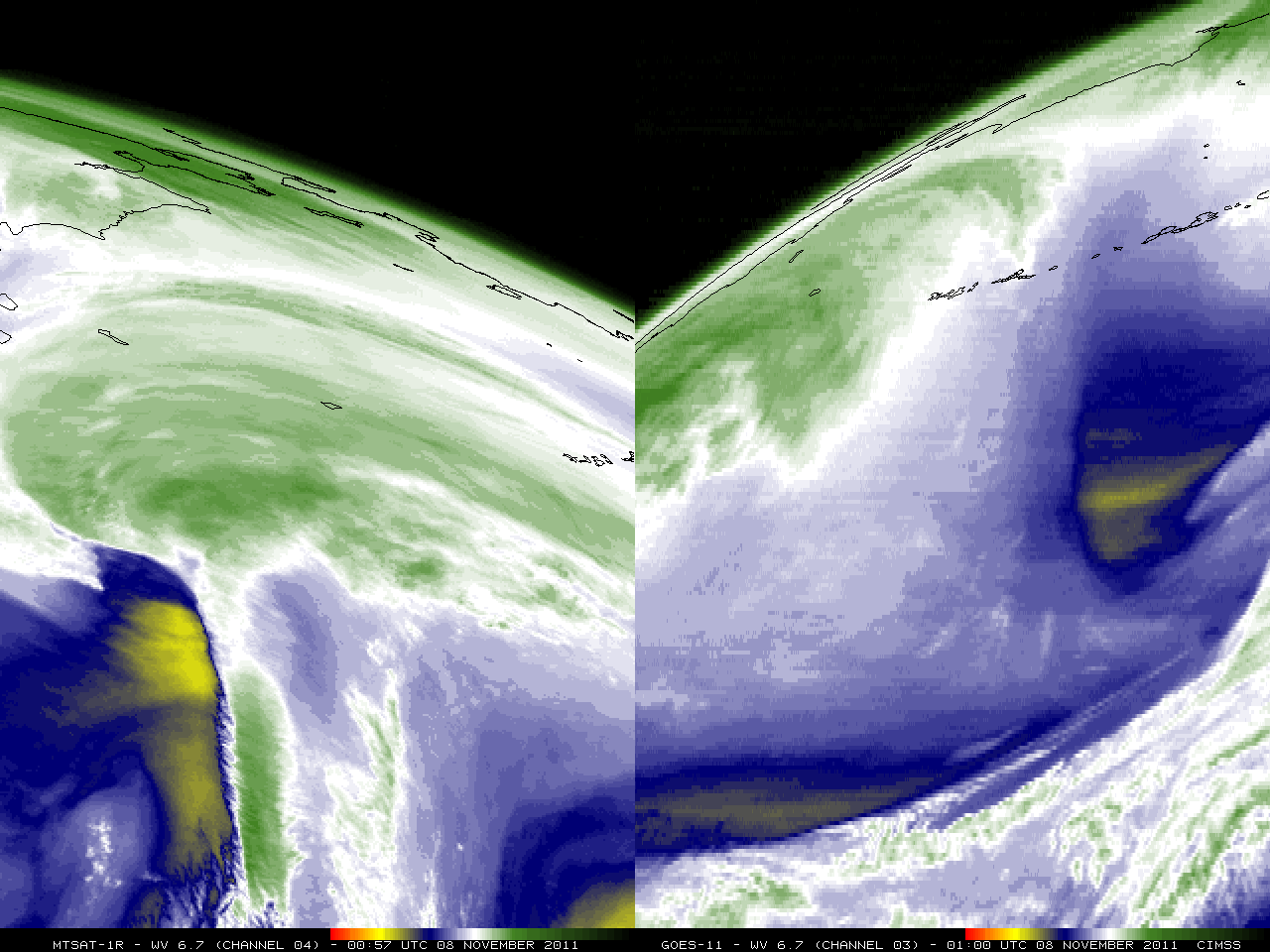 MTSAT-1R (left) and GOES-11 (right) 6.7 Âµm water vapor channel images (click image to play animation)
